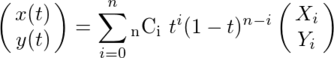 \pmatrix{x(t) \cr y(t)}=\sum_{i=0}^{n} {\mathrm _nC_i} \ t^i (1-t)^{n-i} \pmatrix{X_i \cr Y_i}