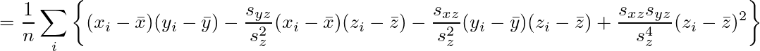 = \frac{1}{n}\sum_i\left\{ (x_i-\bar{x})(y_i-\bar{y})-\frac{s_{yz}}{s_z^2}(x_i-\bar{x})(z_i-\bar{z})-\frac{s_{xz}}{s_z^2}(y_i-\bar{y})(z_i-\bar{z})+\frac{s_{xz}s_{yz}}{s_z^4}(z_i-\bar{z})^2 \right\}