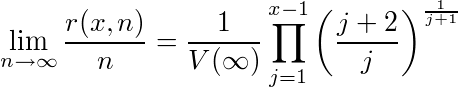 ¥lim_{n¥rightarrow¥infty}¥frac{r(x,n)}{n}=¥frac{1}{V(¥infty)} ¥prod_{j=1}^{x-1}¥left(¥frac{j+2}{j}¥right)^¥frac{1}{j+1}